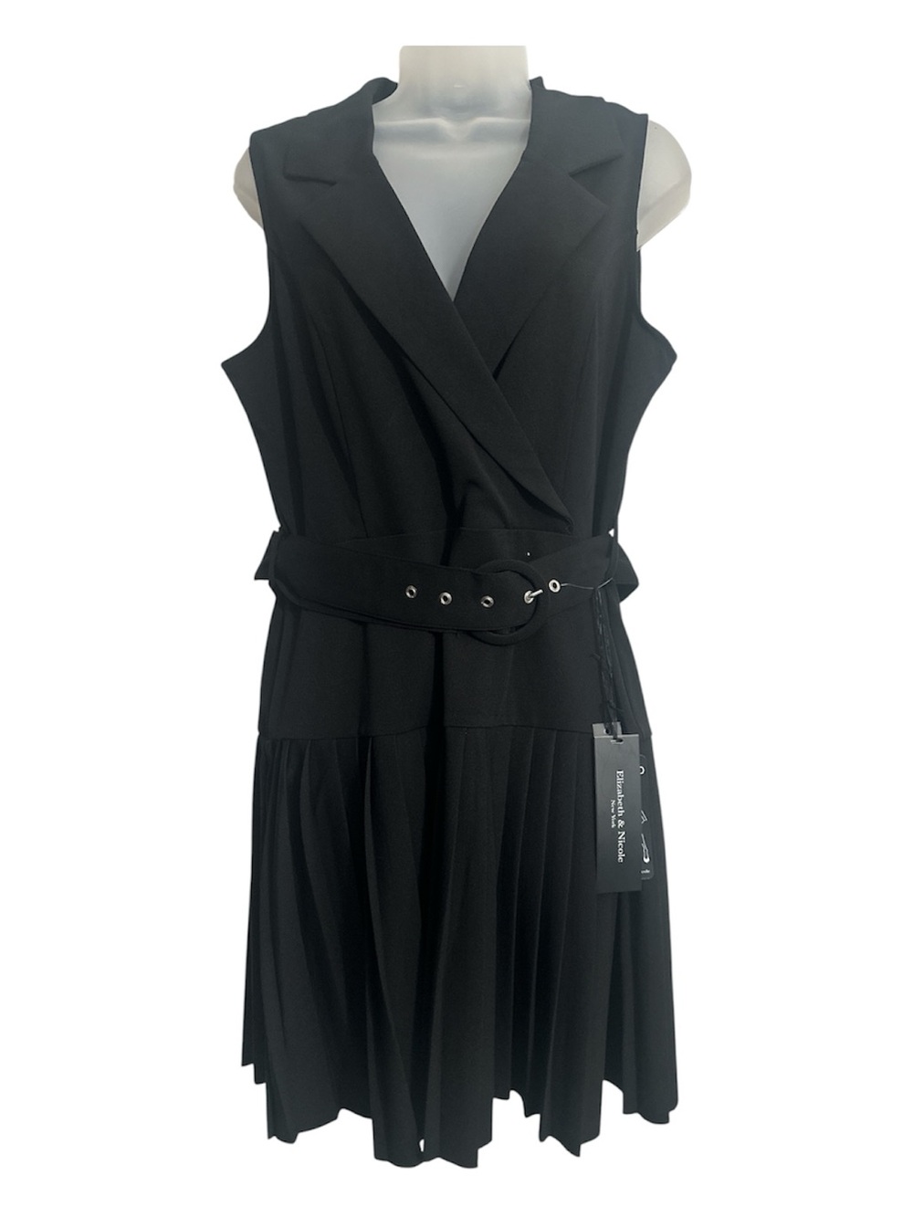 Sleeveless Black Belted Pleated V-Neck Dress Size LP Business Classic